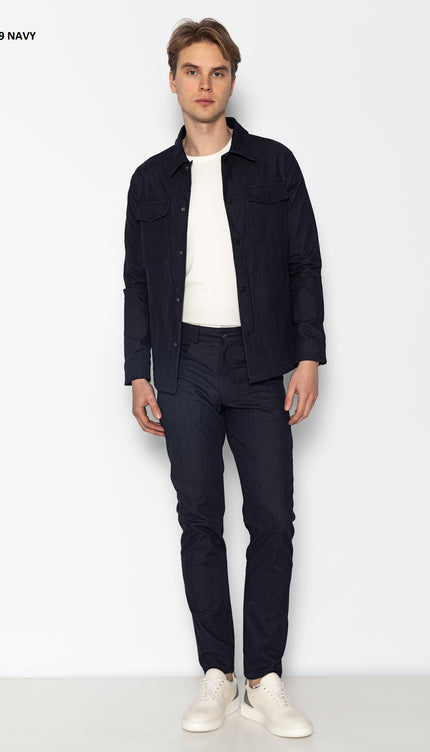 Snap Button Cotton Blend Shirt - Navy - Ron Tomson