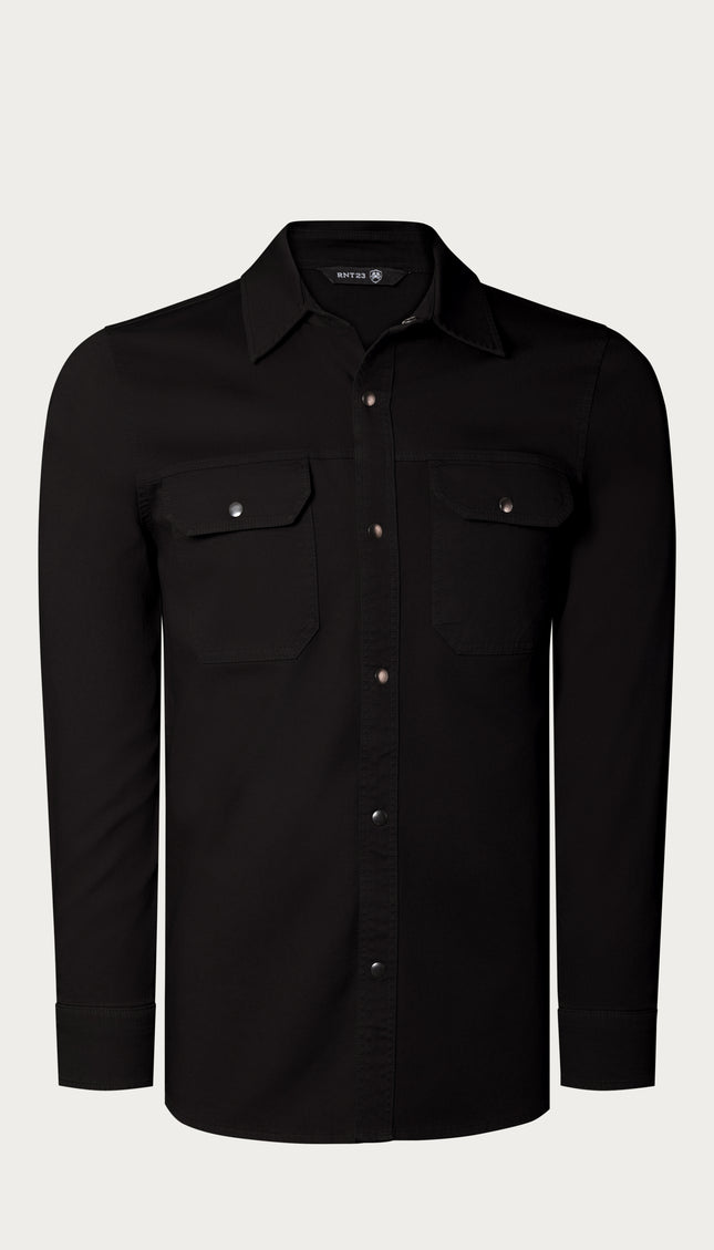 Snap Button Cotton Collared Shirt - Black - Ron Tomson