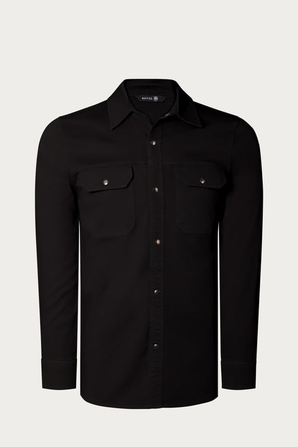 Snap Button Cotton Collared Shirt - Black - Ron Tomson