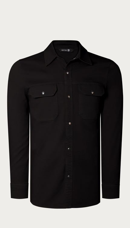 Snap Button Cotton Collared Shirt - Black - Ron Tomson