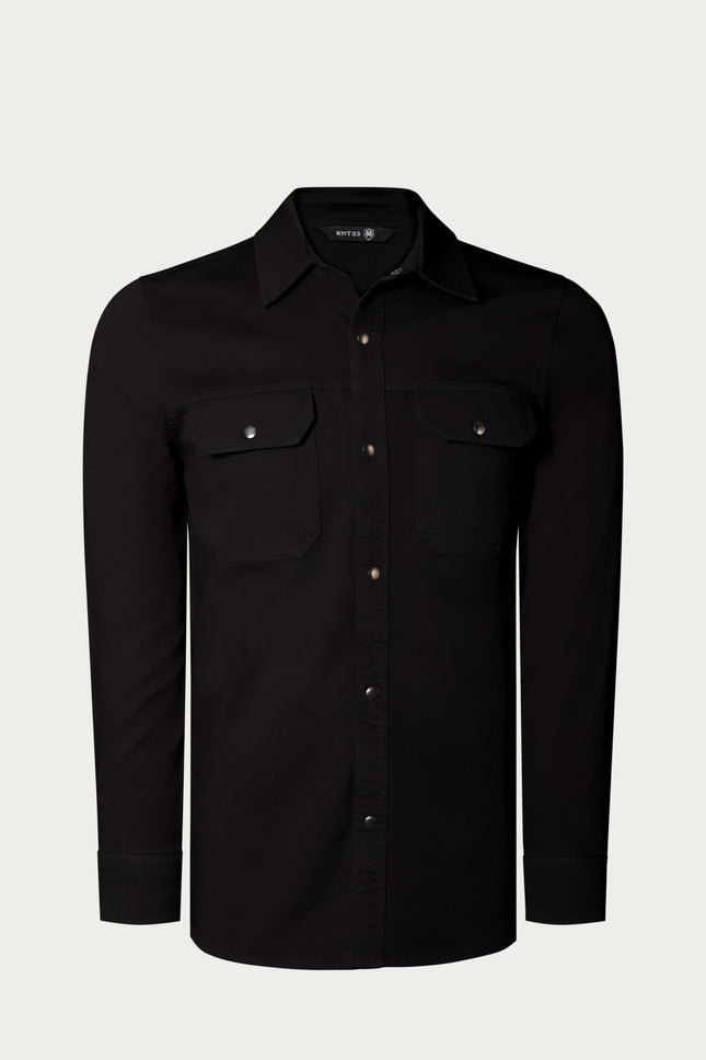 Snap Button Cotton Collared Shirt - Black - Ron Tomson