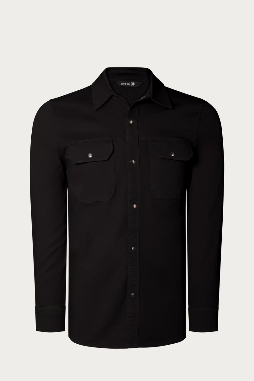 Snap Button Cotton Collared Shirt - Black - Ron Tomson