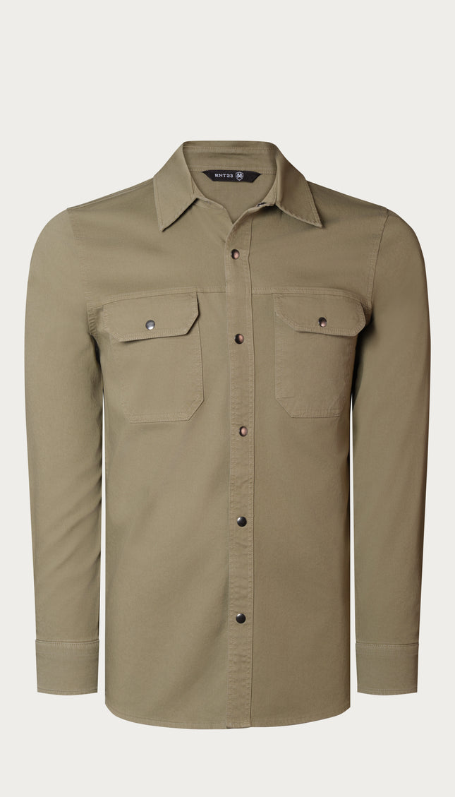Snap Button Cotton Collared Shirt - Khaki - Ron Tomson