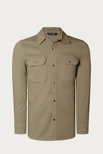 Snap Button Cotton Collared Shirt - Khaki - Ron Tomson
