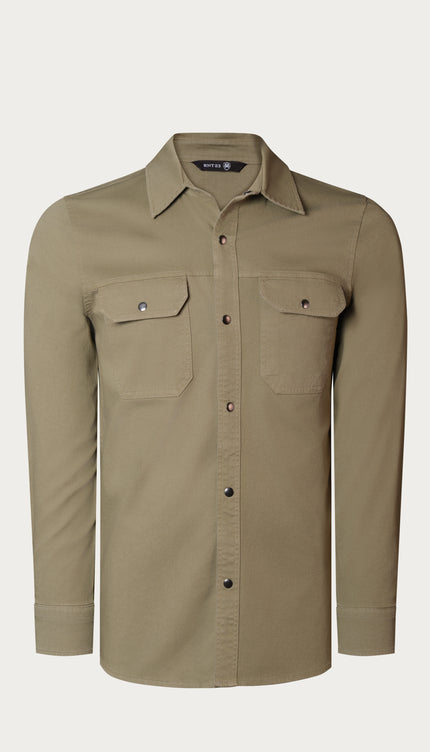 Snap Button Cotton Collared Shirt - Khaki - Ron Tomson