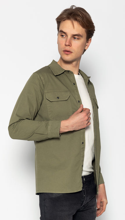 Snap Button Cotton Collared Shirt - Khaki - Ron Tomson