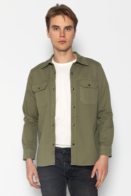 Snap Button Cotton Collared Shirt - Khaki - Ron Tomson