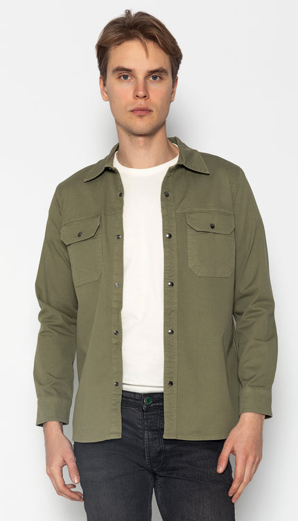 Snap Button Cotton Collared Shirt - Khaki - Ron Tomson