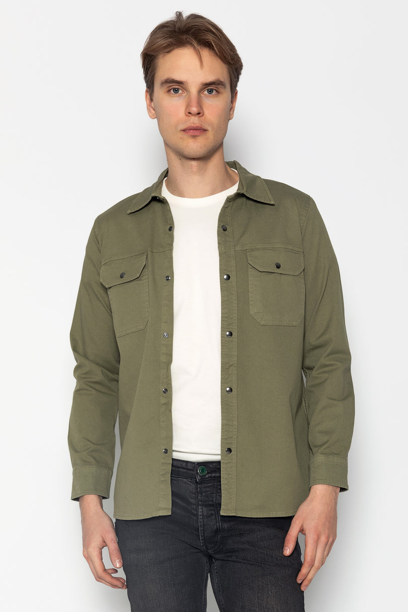 Snap Button Cotton Collared Shirt - Khaki - Ron Tomson