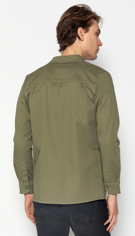 Snap Button Cotton Collared Shirt - Khaki - Ron Tomson
