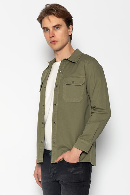 Snap Button Cotton Collared Shirt - Khaki - Ron Tomson