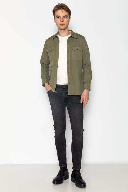 Snap Button Cotton Collared Shirt - Khaki - Ron Tomson
