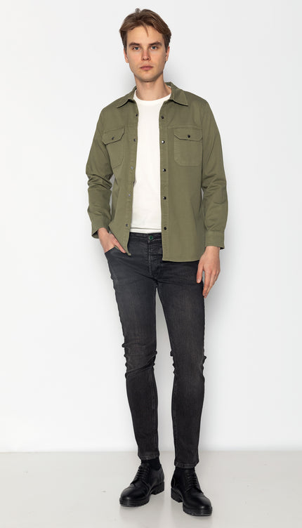 Snap Button Cotton Collared Shirt - Khaki - Ron Tomson