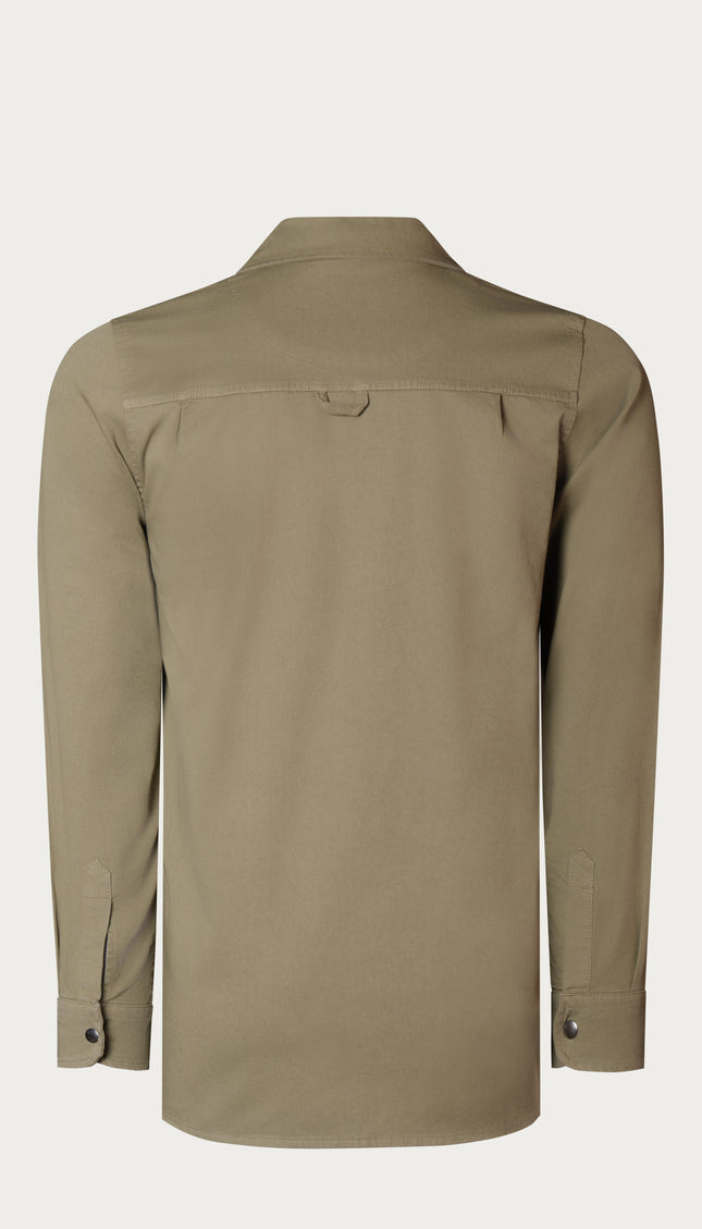 Snap Button Cotton Collared Shirt - Khaki - Ron Tomson