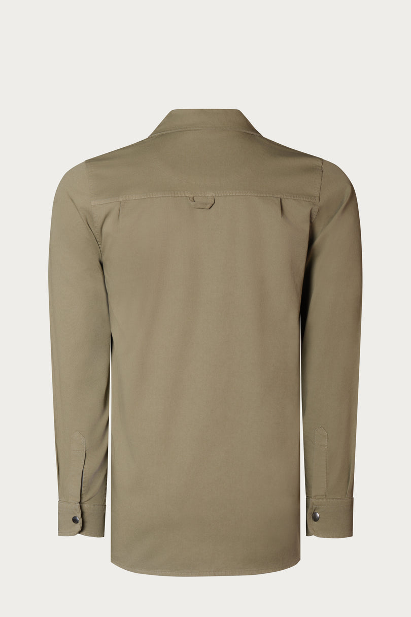 Snap Button Cotton Collared Shirt - Khaki - Ron Tomson