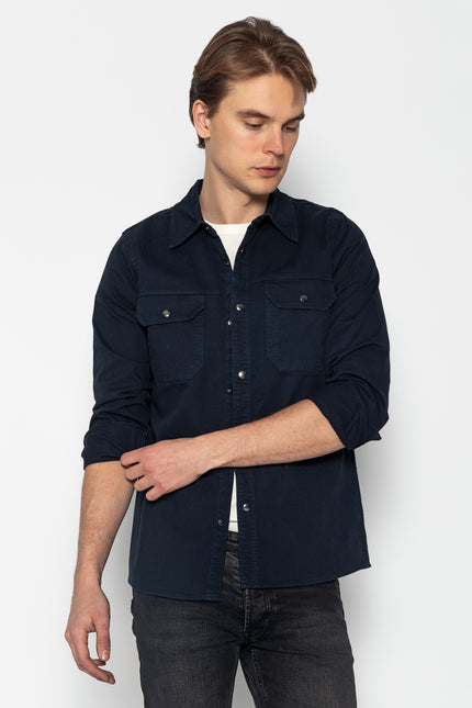 Snap Button Cotton Collared Shirt - Navy - Ron Tomson