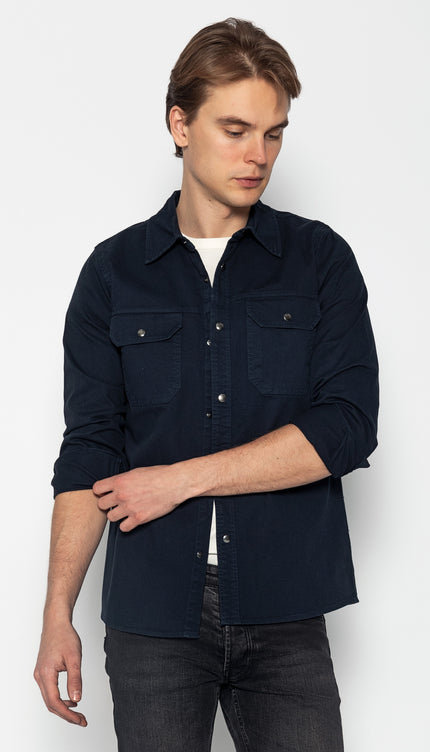 Snap Button Cotton Collared Shirt - Navy - Ron Tomson