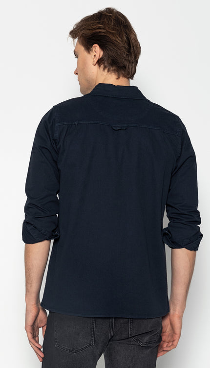 Snap Button Cotton Collared Shirt - Navy - Ron Tomson