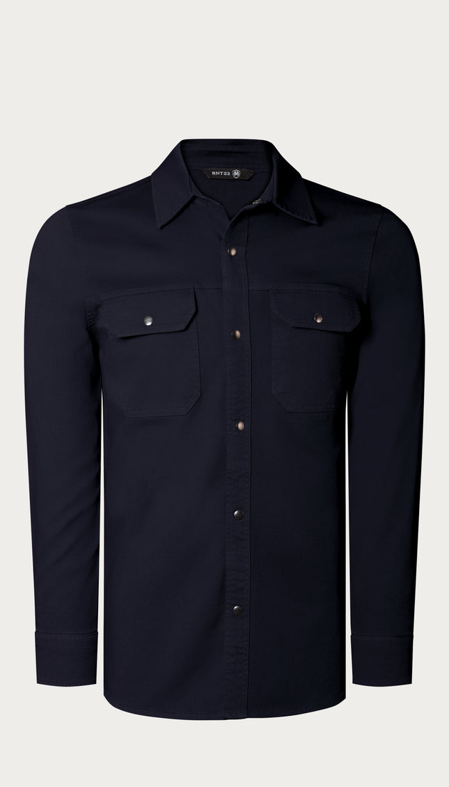 Snap Button Cotton Collared Shirt - Navy - Ron Tomson