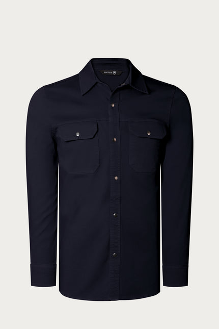 Snap Button Cotton Collared Shirt - Navy - Ron Tomson