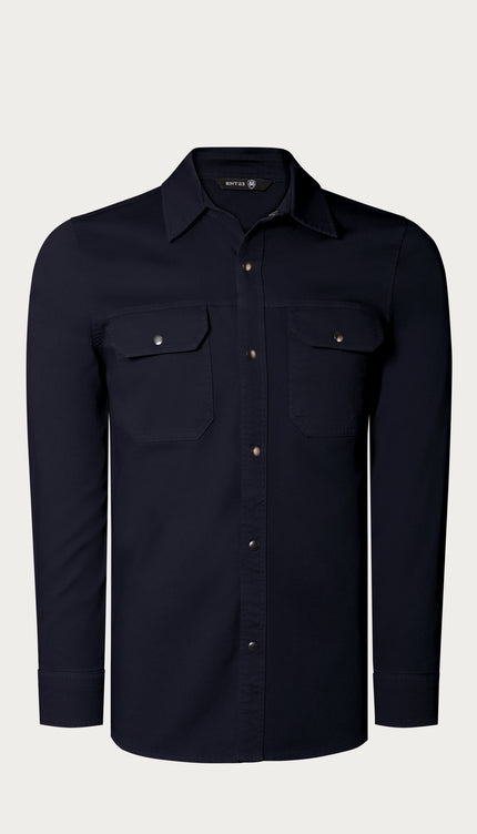 Snap Button Cotton Collared Shirt - Navy - Ron Tomson