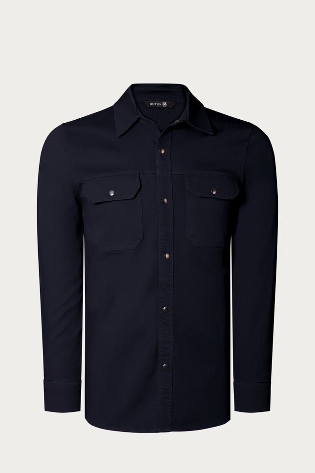 Snap Button Cotton Collared Shirt - Navy - Ron Tomson