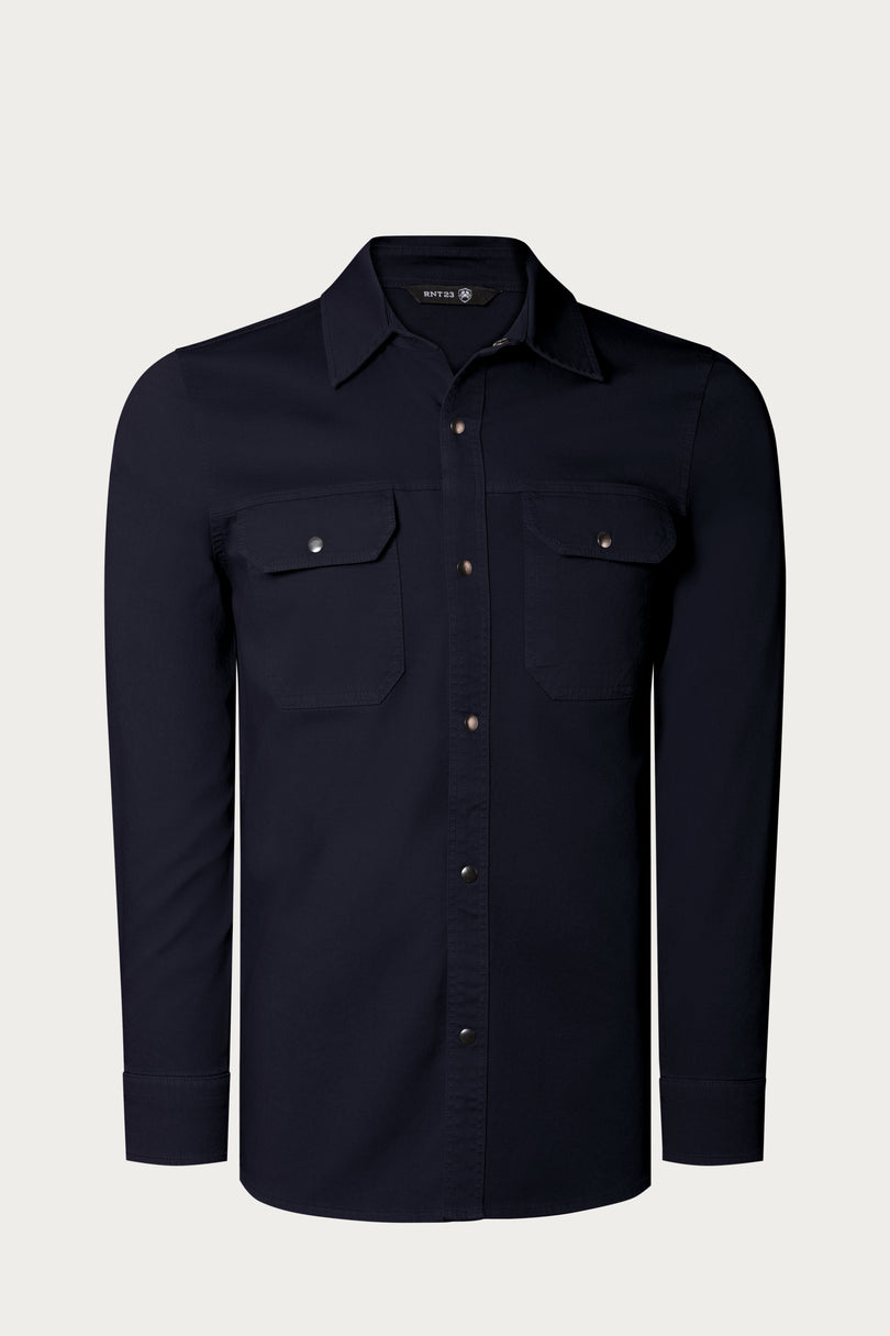 Snap Button Cotton Collared Shirt - Navy - Ron Tomson