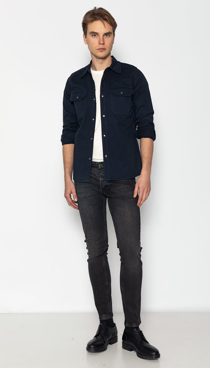 Snap Button Cotton Collared Shirt - Navy - Ron Tomson