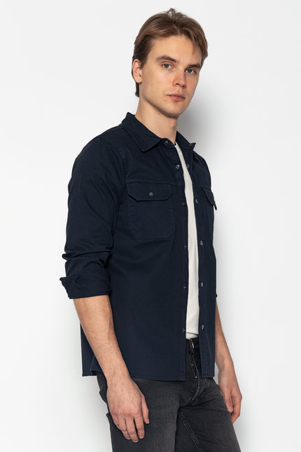 Snap Button Cotton Collared Shirt - Navy - Ron Tomson