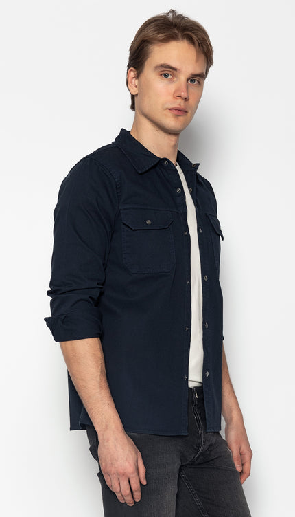 Snap Button Cotton Collared Shirt - Navy - Ron Tomson