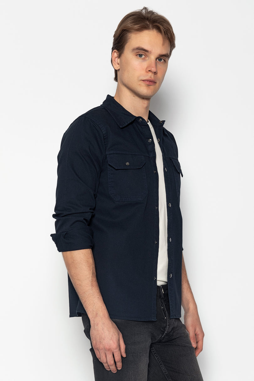 Snap Button Cotton Collared Shirt - Navy - Ron Tomson