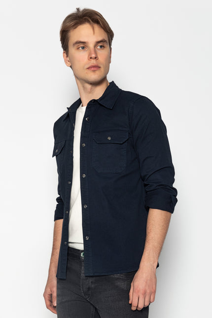 Snap Button Cotton Collared Shirt - Navy - Ron Tomson