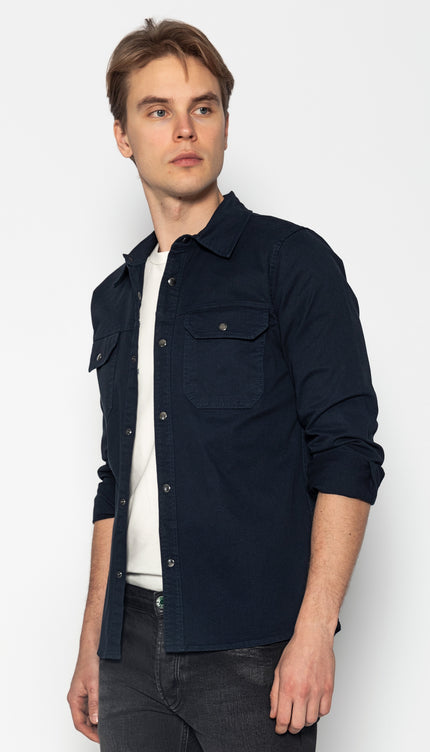 Snap Button Cotton Collared Shirt - Navy - Ron Tomson