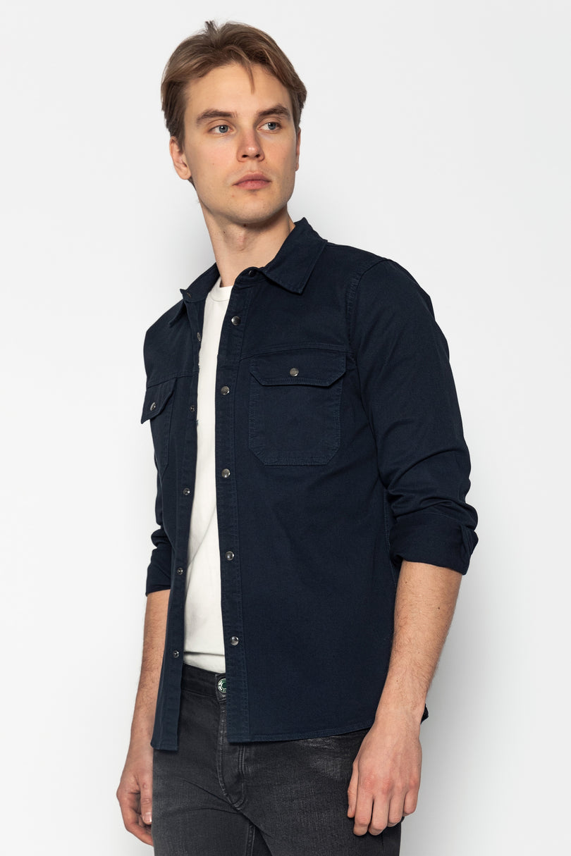 Snap Button Cotton Collared Shirt - Navy - Ron Tomson