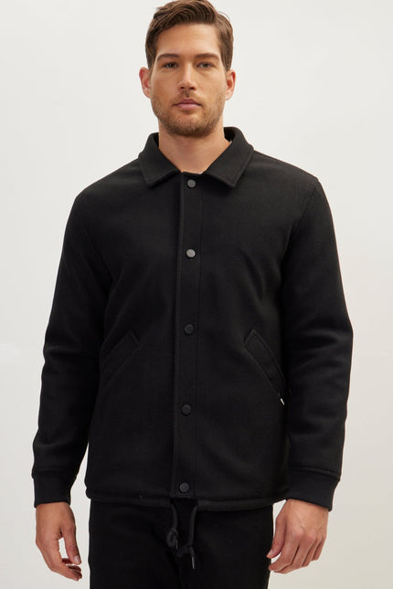 Snap Closure Collared Walking Jacket - Black - Ron Tomson