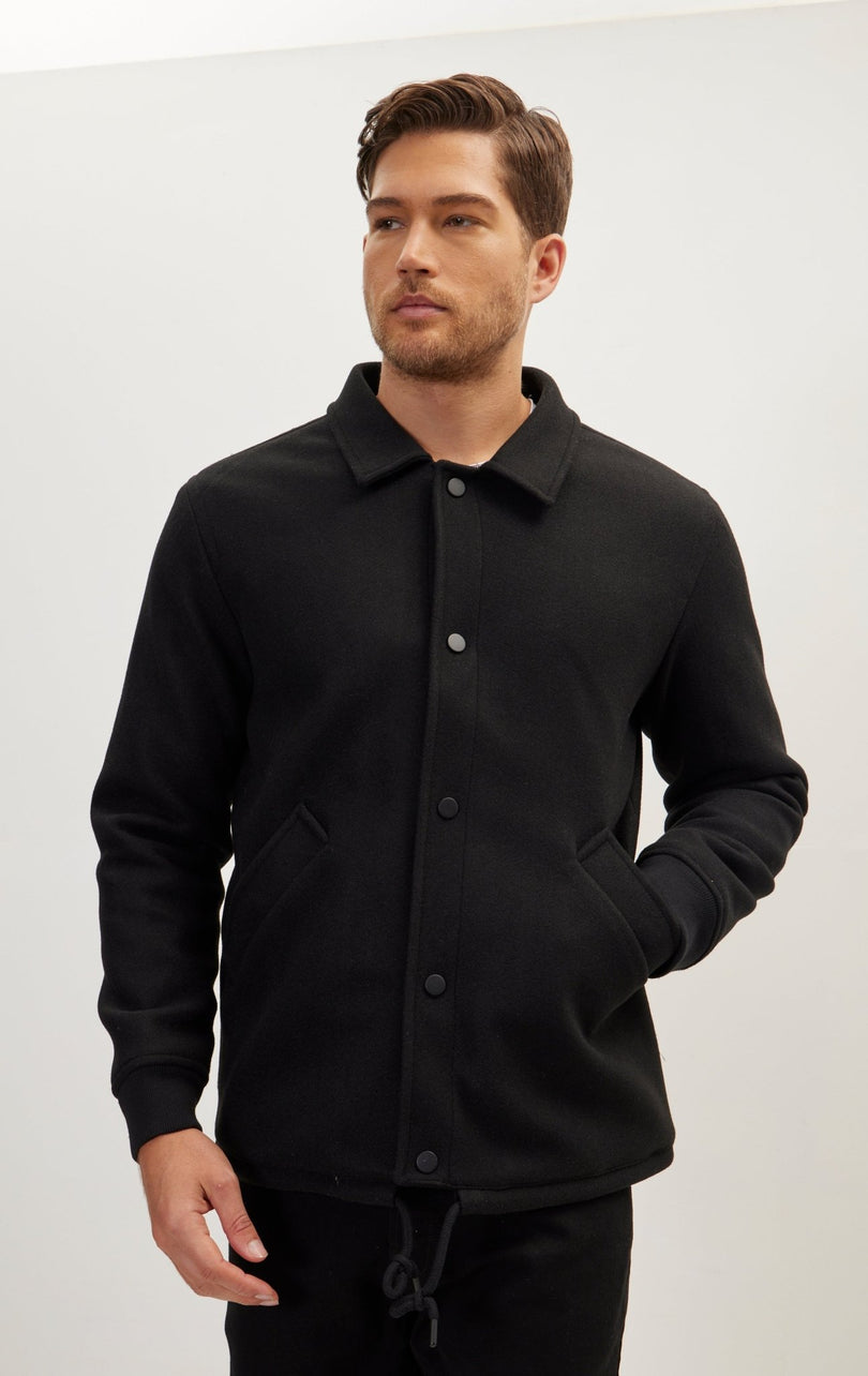 Snap Closure Collared Walking Jacket - Black - Ron Tomson