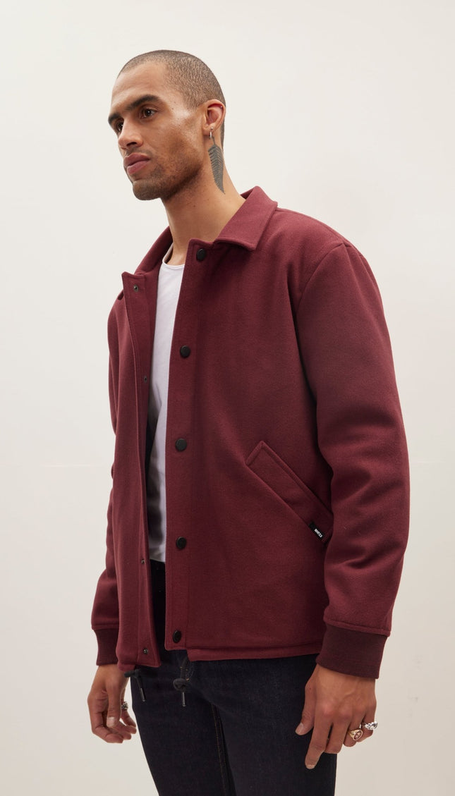 Snap Closure Collared Walking Jacket - Wine - Ron Tomson