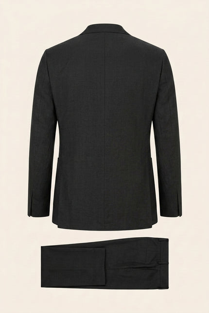 Solid Pure Linen Single Breasted Suit - Black - Back