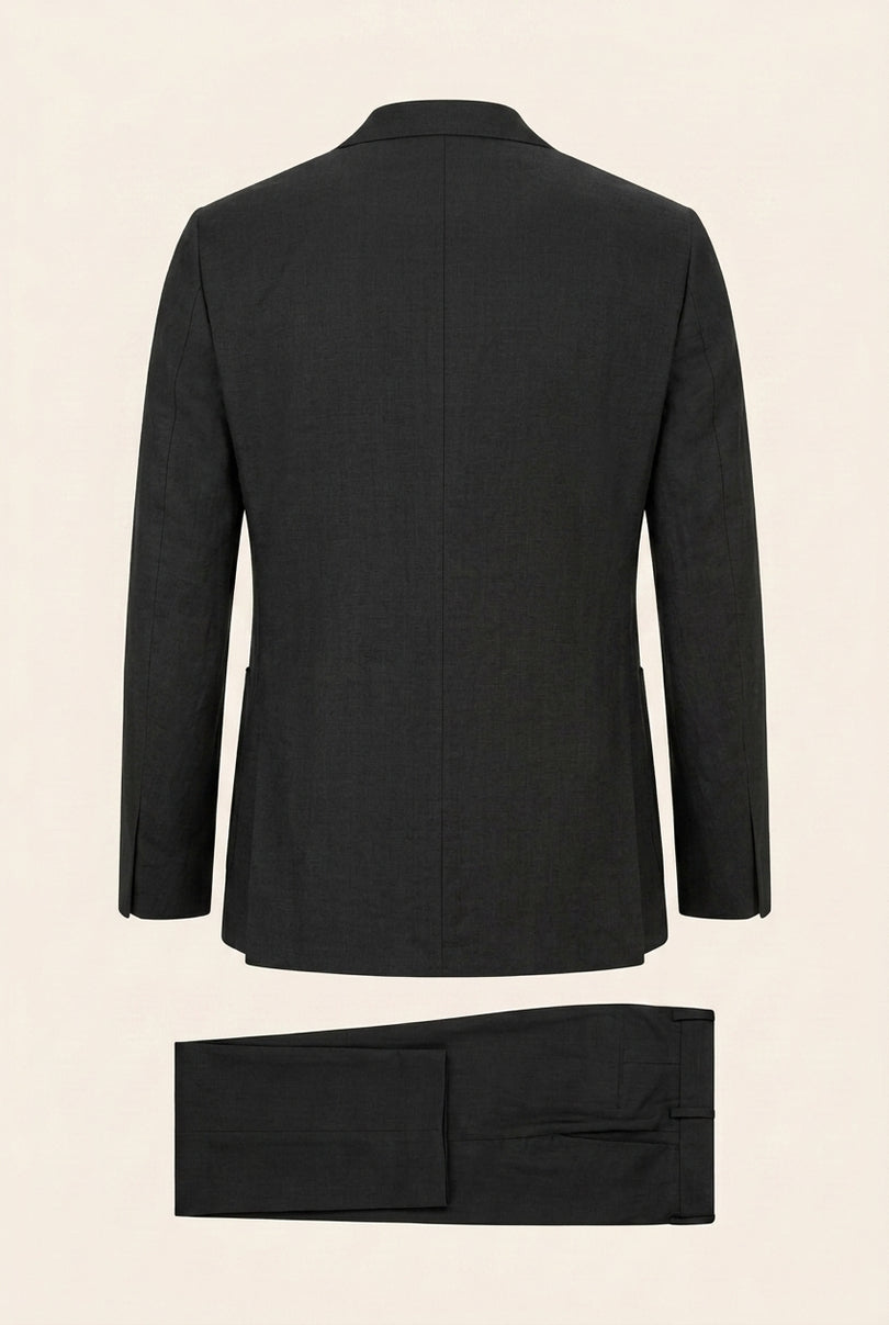 Solid Pure Linen Single Breasted Suit - Black - Back