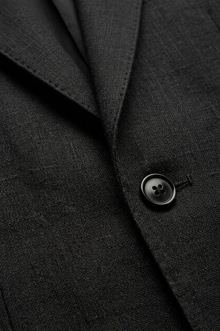 Solid Pure Linen Single Breasted Suit - Black - Detail