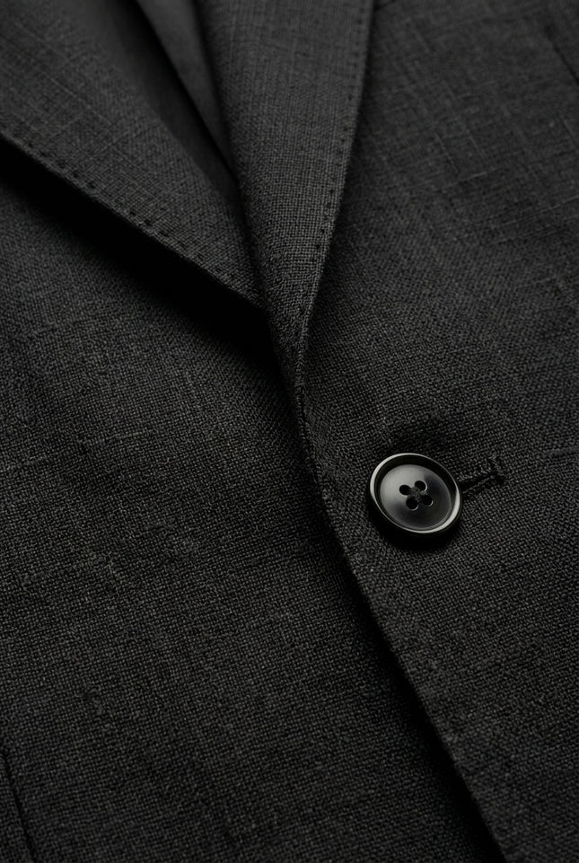 Solid Pure Linen Single Breasted Suit - Black - Detail
