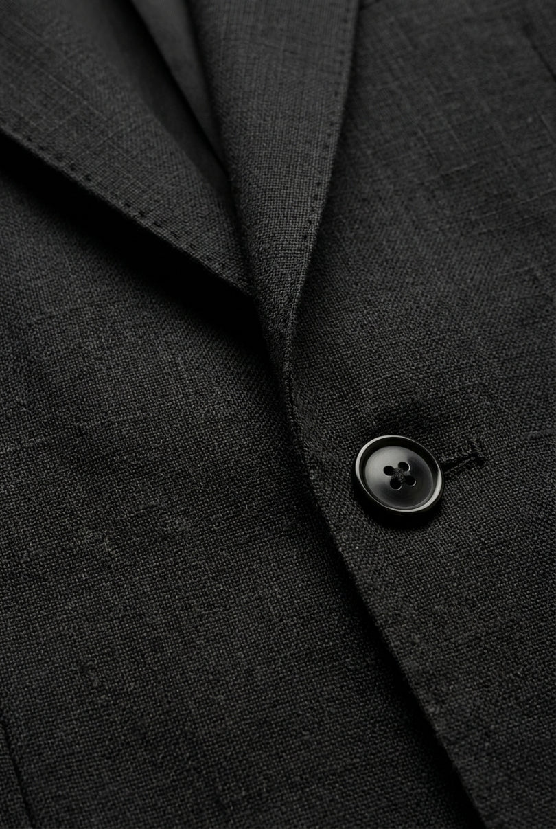 Solid Pure Linen Single Breasted Suit - Black - Detail