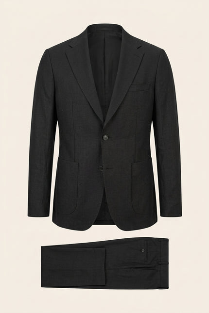 Solid Pure Linen Single Breasted Suit - Black - Front
