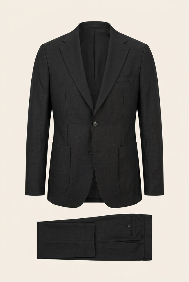 Solid Pure Linen Single Breasted Suit - Black - Front