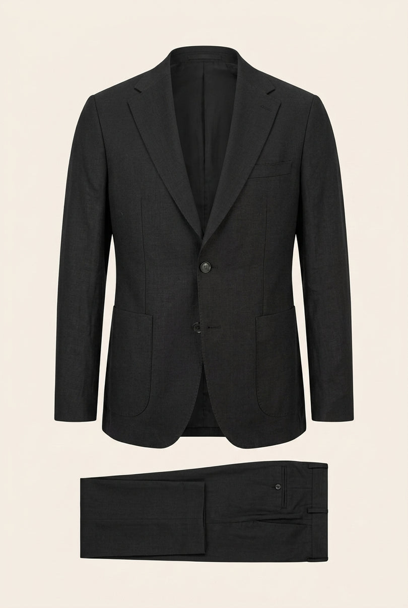 Solid Pure Linen Single Breasted Suit - Black - Front