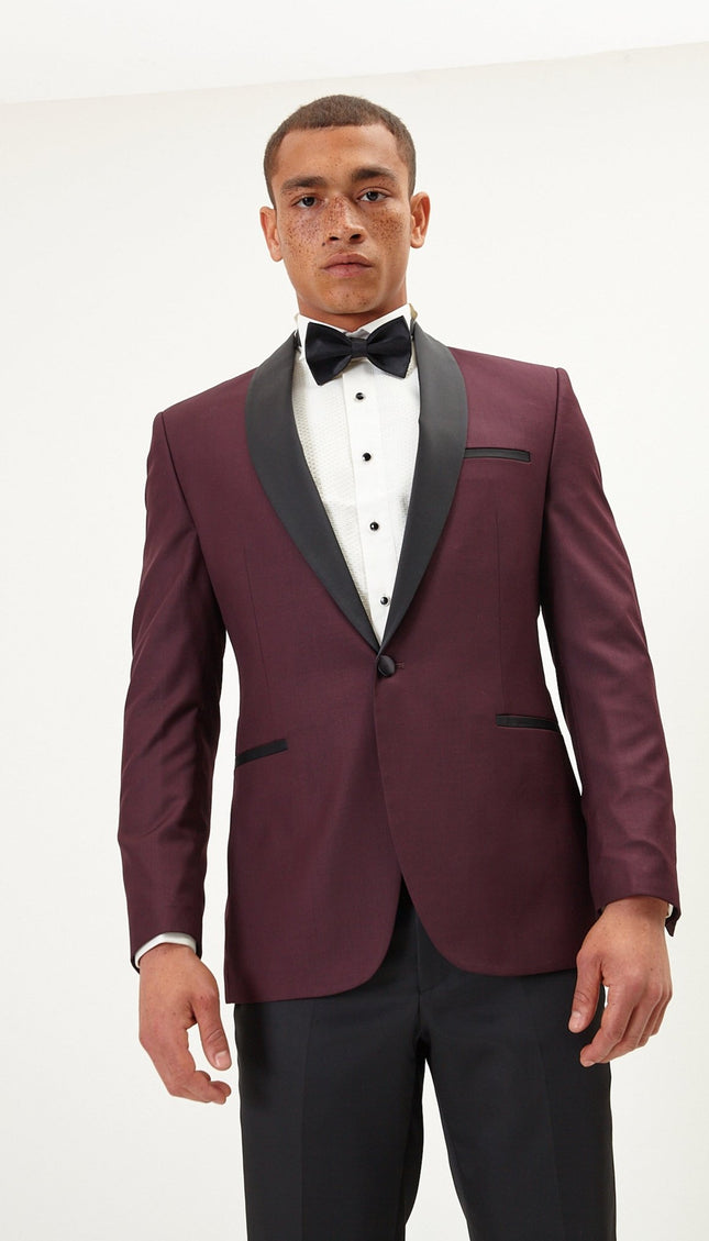 Solid Shawl Lapel Tuxedo Jacket - Burgundy - Ron Tomson