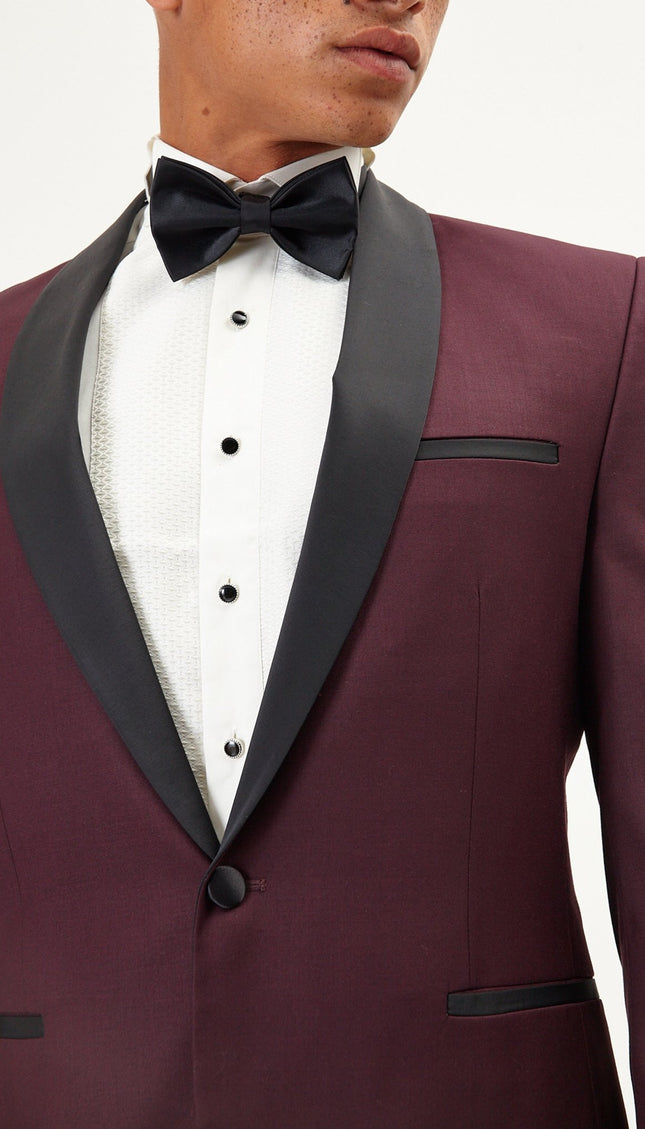 Solid Shawl Lapel Tuxedo Jacket - Burgundy - Ron Tomson