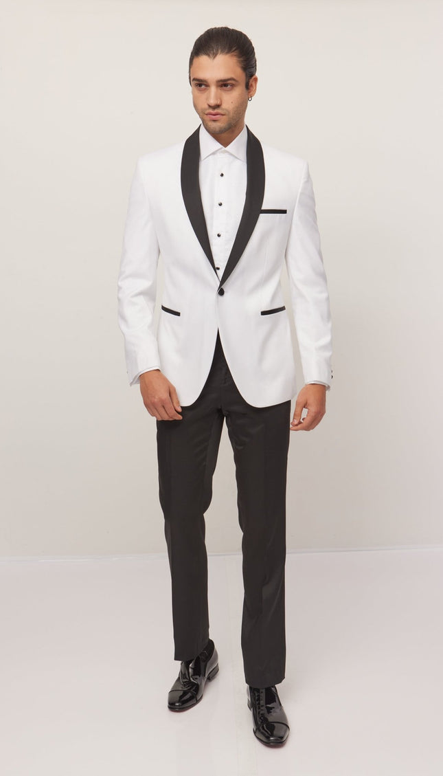 Solid Shawl Lapel Tuxedo Jacket - White - Ron Tomson