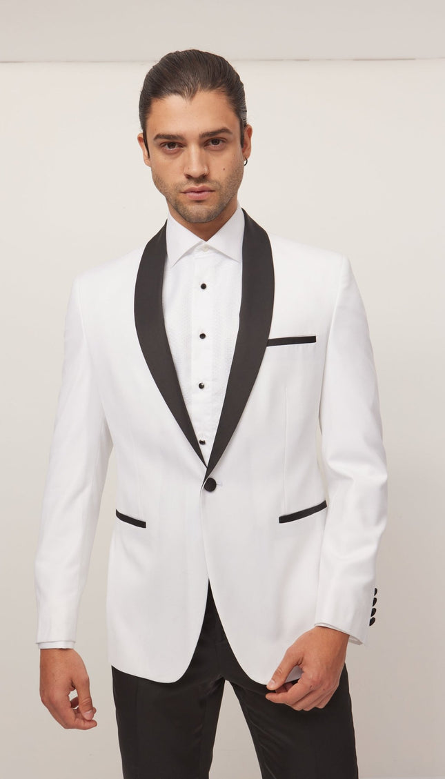 Solid Shawl Lapel Tuxedo Jacket - White - Ron Tomson