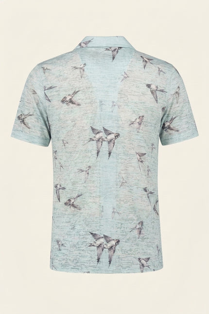 Sparrow Print Camp Collar Shirt - Aqua - Back